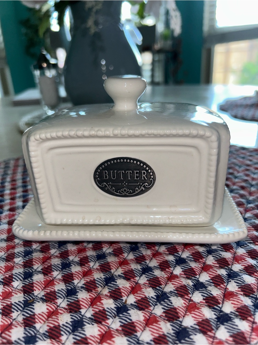 White Ceramic Butter Dish with Lid and Decorative Plaque